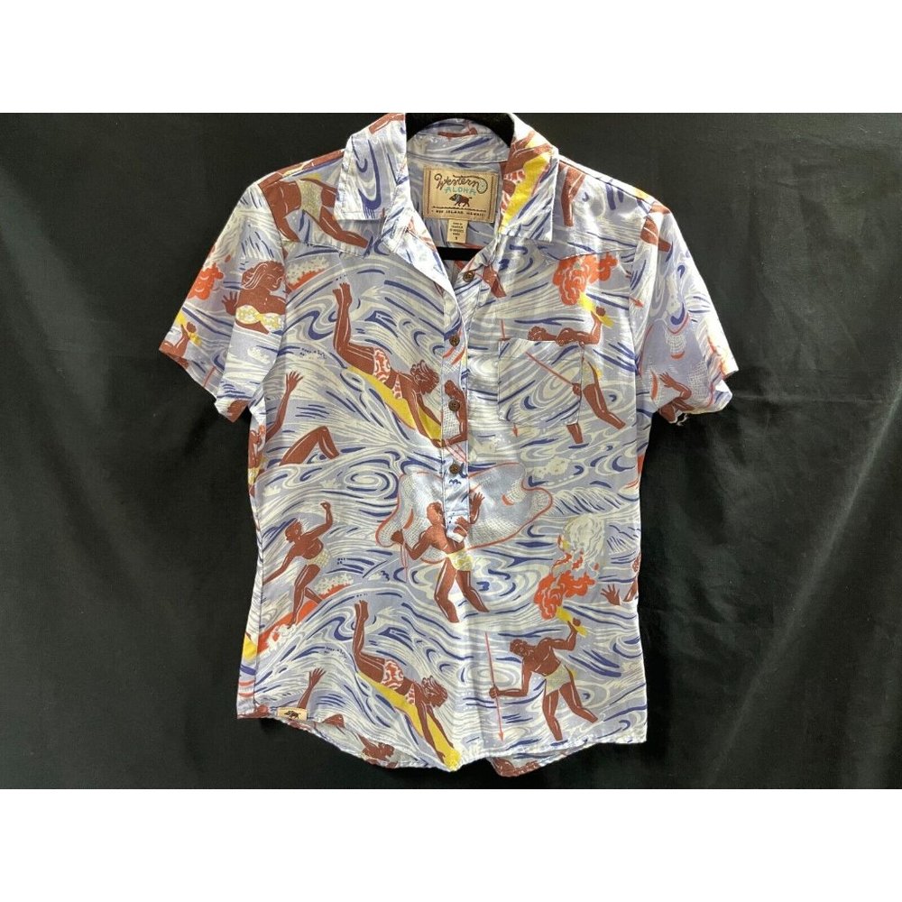 Western Aloha Women’s Hawaiian Cowboy Shirt SS Pullover Small Wahine Surfer